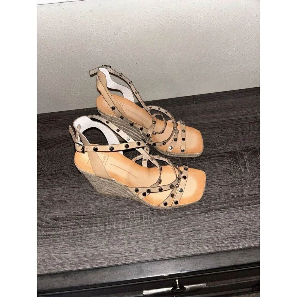 Dolce Vita Maxton Tan Espadrille Strappy Studded Square Wedge Sandals Size 9
